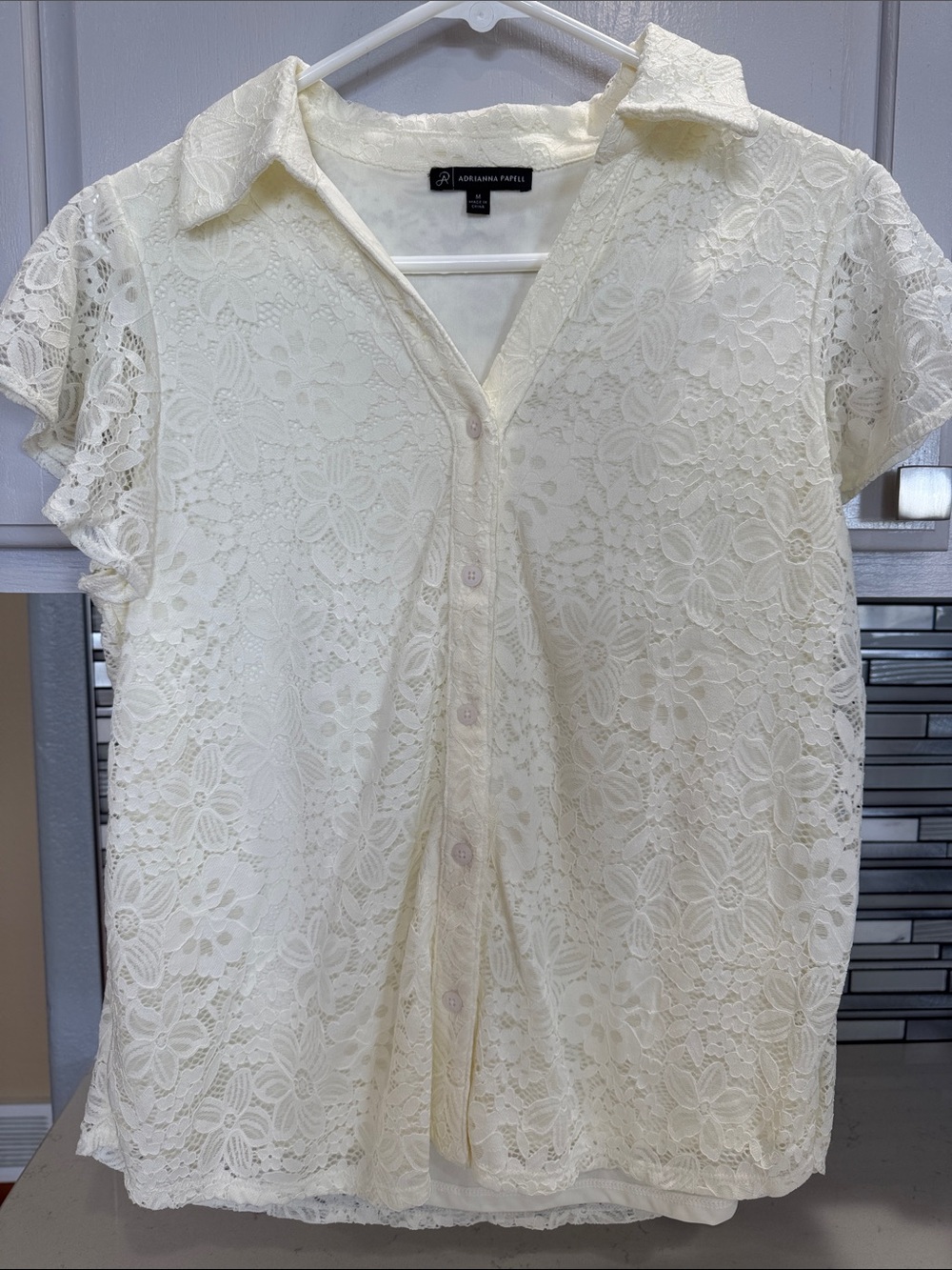 Adrianna Papell Cream Floral Lace Button-Front Blouse